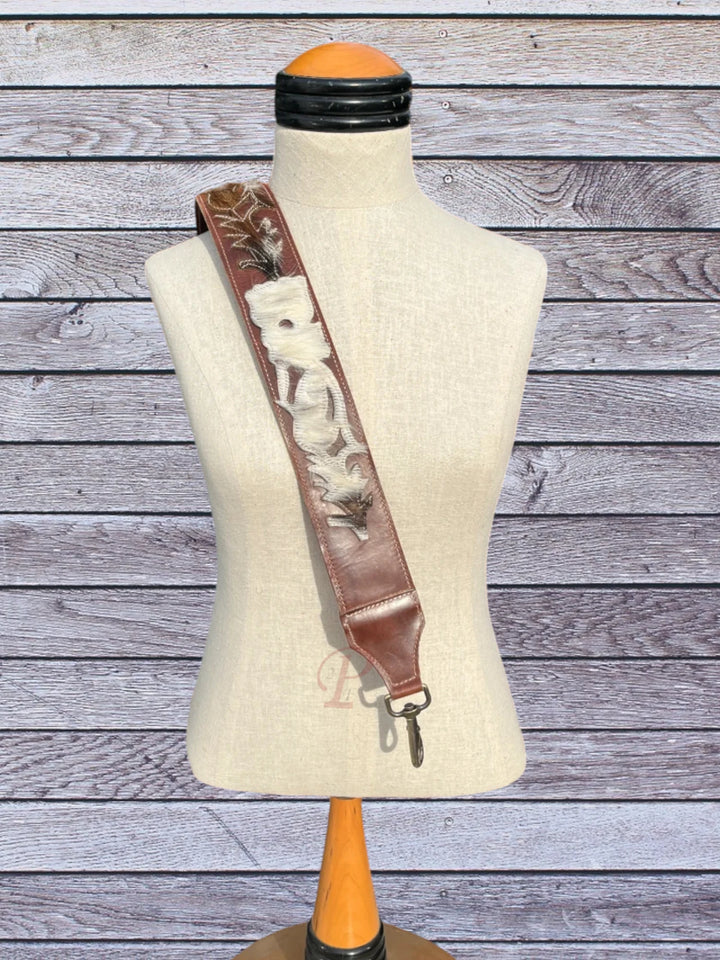 Back view of cow hide purse strap