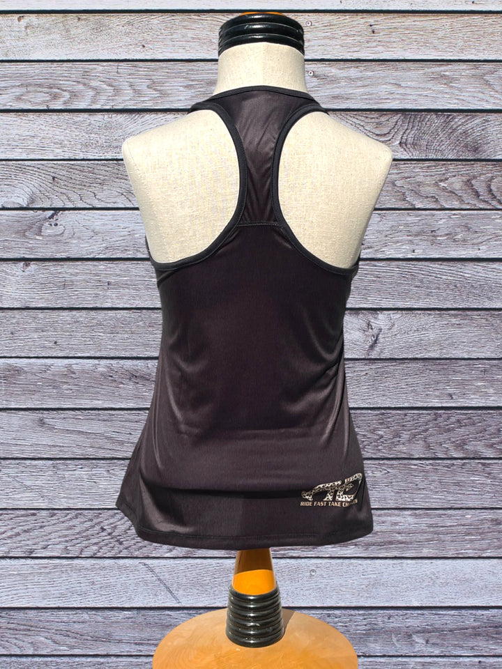 Back side picture of Rocket Donkey Black with Cheetah Compression Tank Top