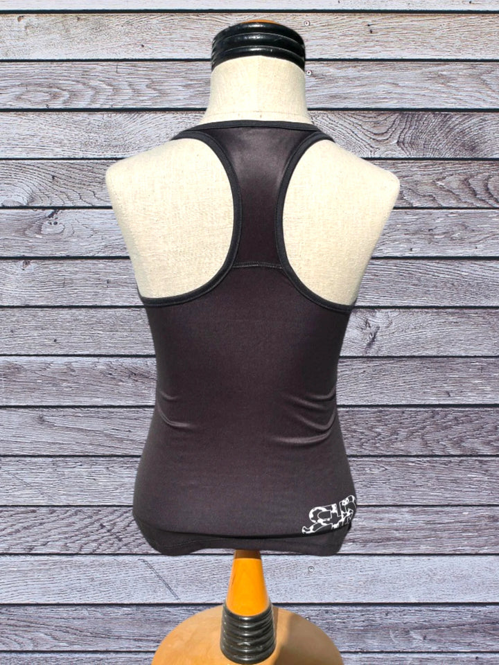 Back side picture of Rocket Donkey Black with Cow Compression Tank Top