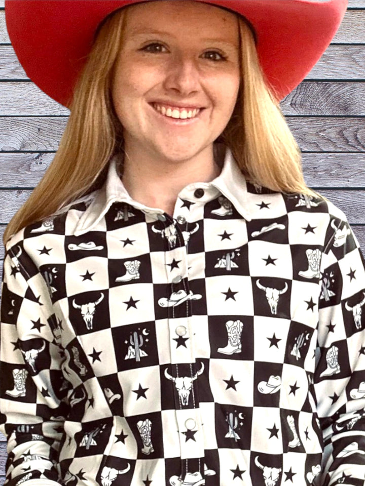 Front side picture of Rocket Donkey Checkered Show Shirt