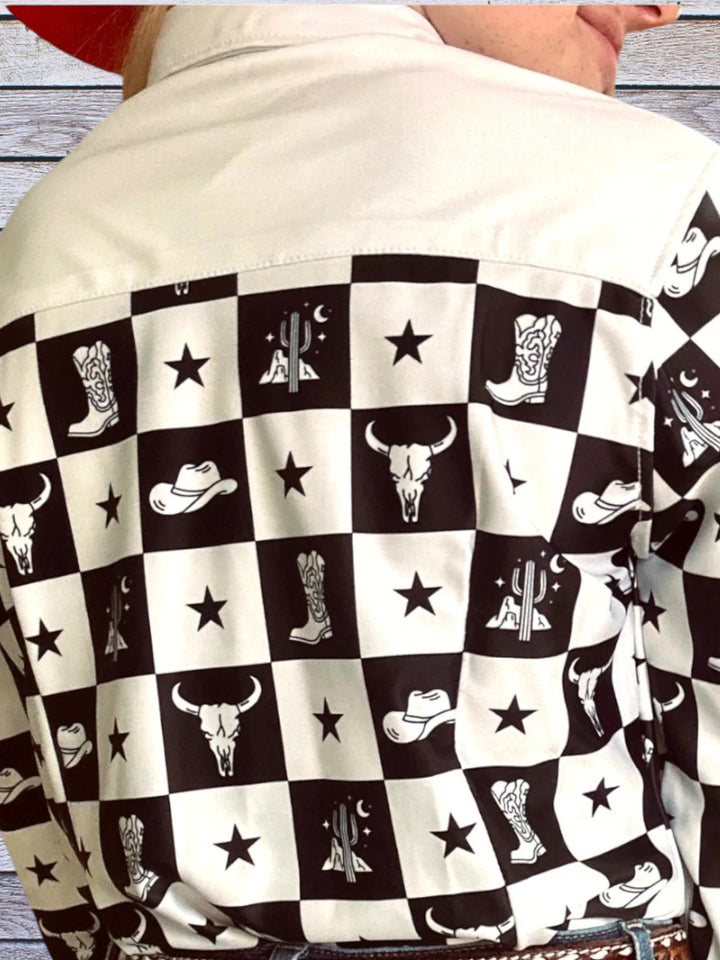 Back side picture of Rocket Donkey Checkered Show Shirt