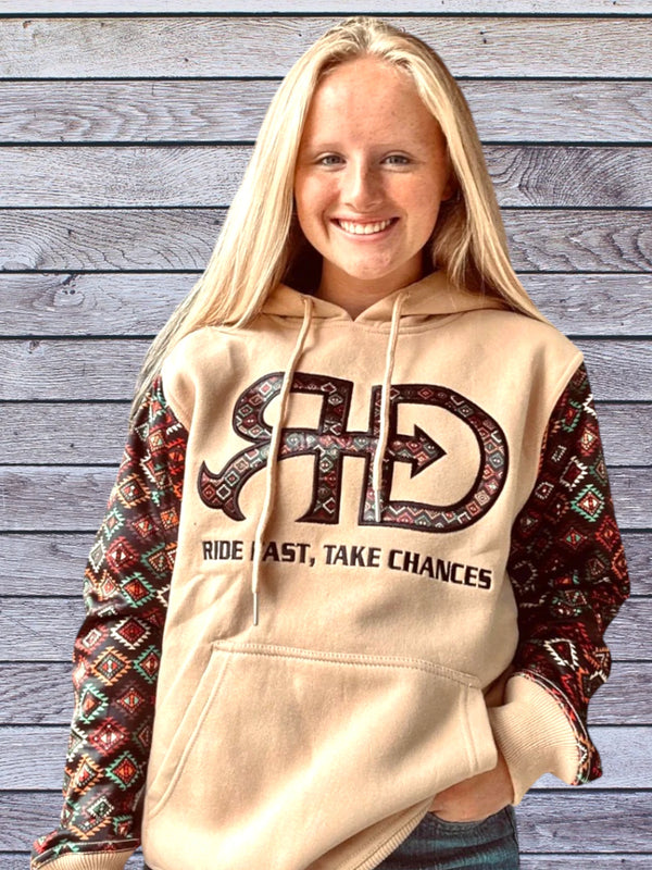 Front side picture of Rocket Donkey Tan with Aztec Hoodie