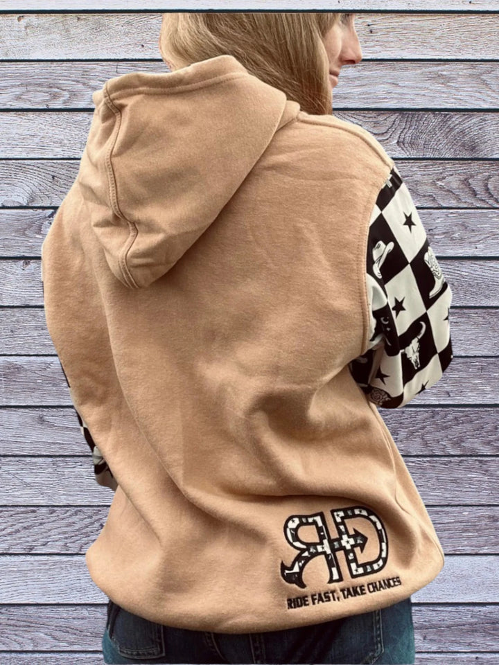 Back side picture of Rocket Donkey Tan with checker Hoodie