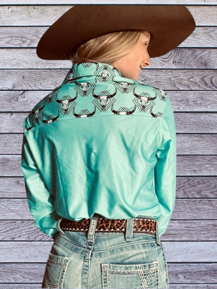 Back side picture of Rocket Donkey Teal Cow Show Shirt