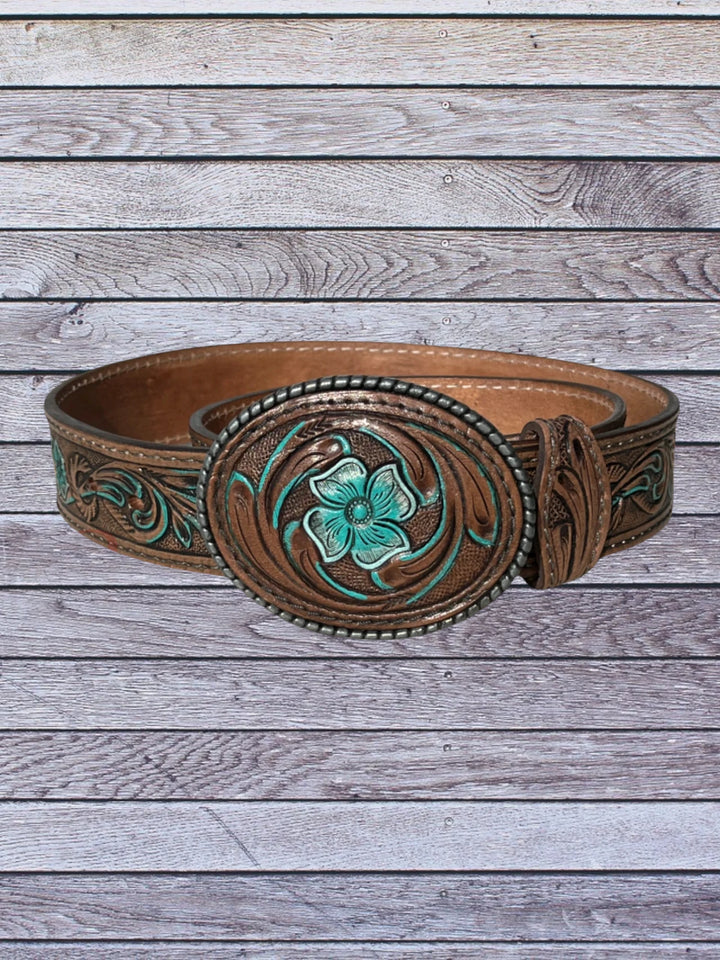 front view brown tooled western belt