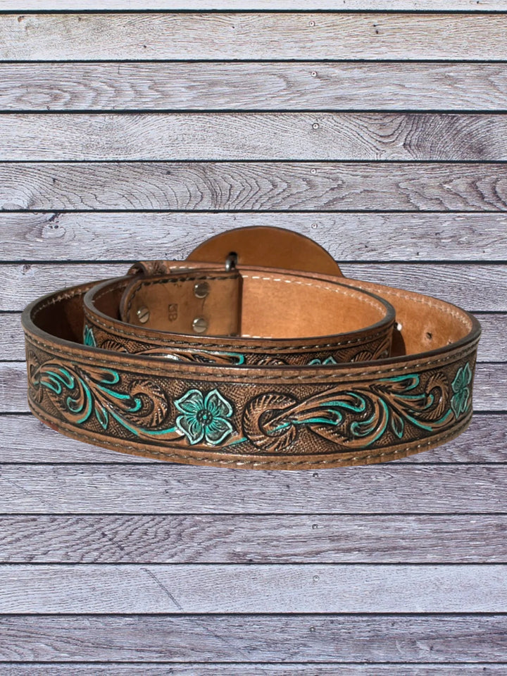 back view brown tooled western belt