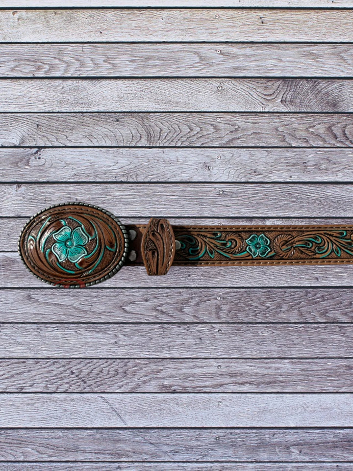 flat view brown tooled western belt