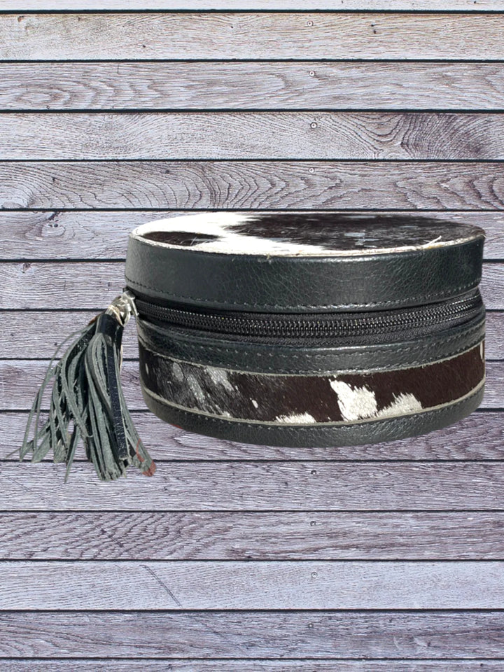 side view round black cowhide jewelry box