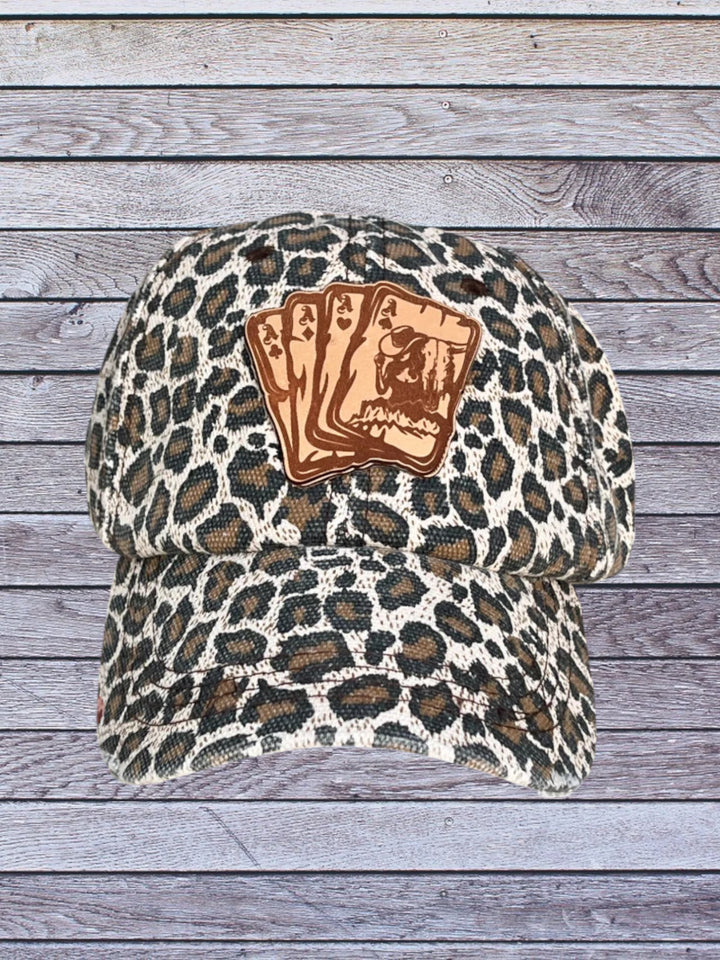 cheetah Ball cap with leather hat patch featuring Aces with cowgirl 