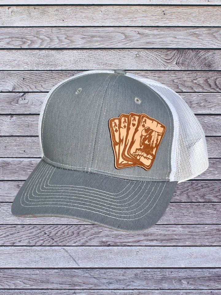 Gray Ball cap with leather hat patch featuring Aces with cowgirl 