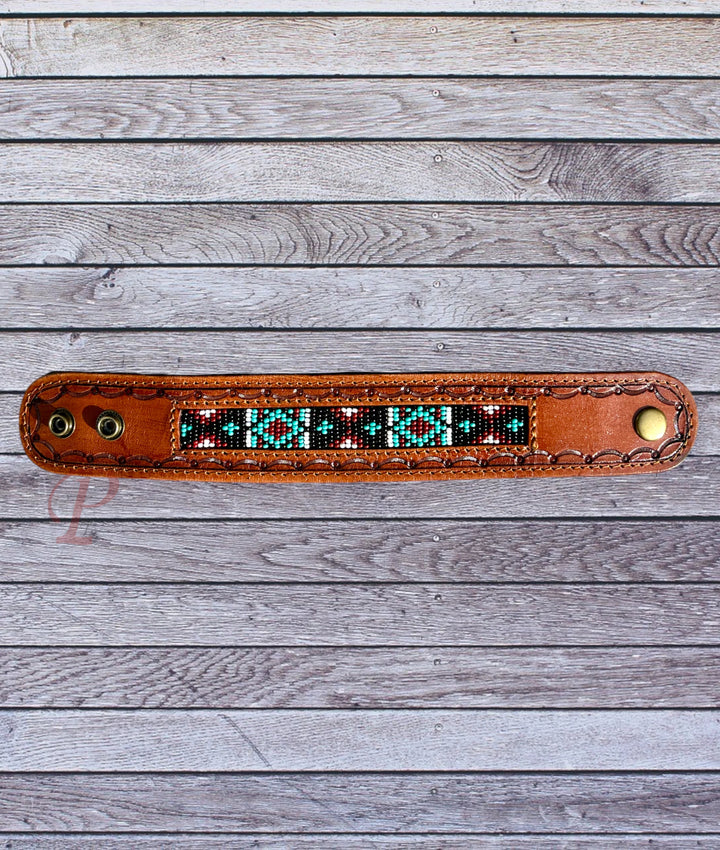 leather bracelet with maroon and black beading