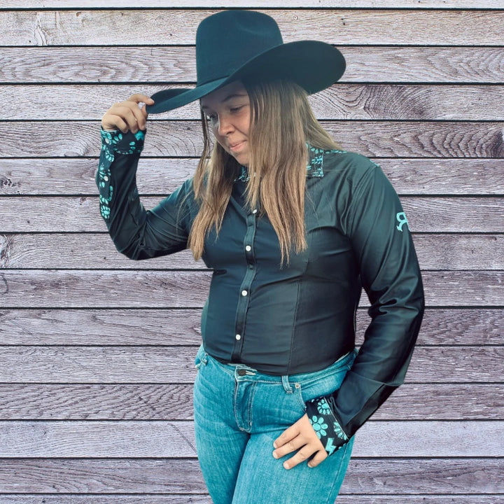 Front side picture of Rocket Donkey Black Turquoise Concho Show Shirt