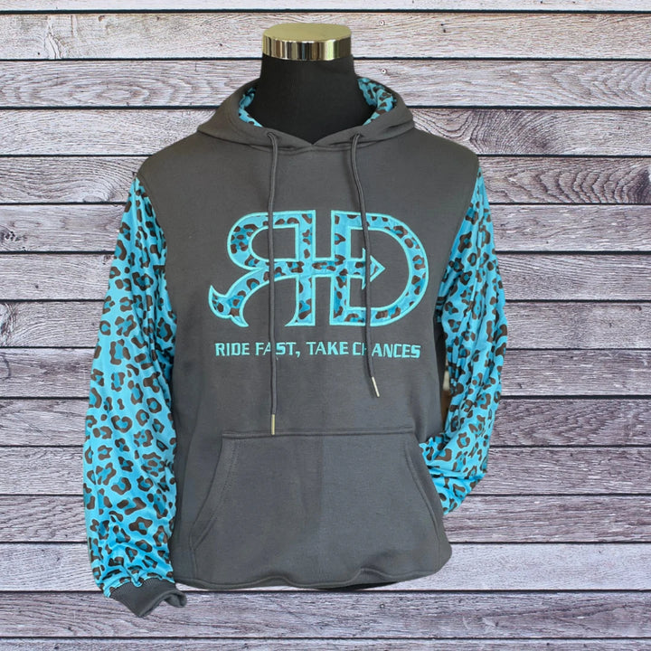 Frontal picture of Rocket Donkey Dark Grey with Teal Cheetah Hoodie