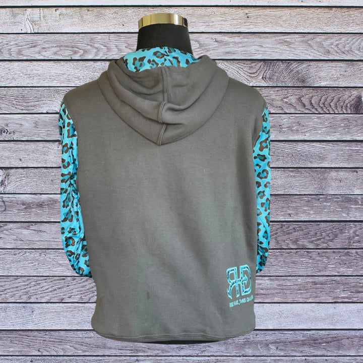 Backside picture of Rocket Donkey Dark Grey with Teal Cheetah Hoodie