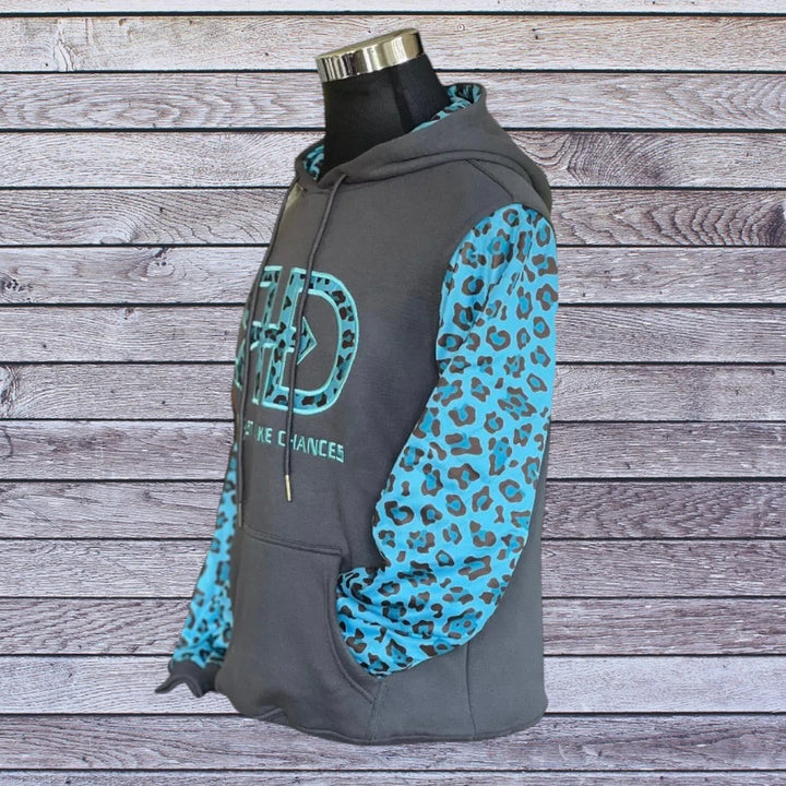 Left side picture of Rocket Donkey Dark Grey with Teal Cheetah Hoodie