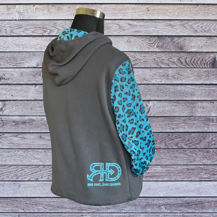 Right side picture of Rocket Donkey Dark Grey with Teal Cheetah Hoodie