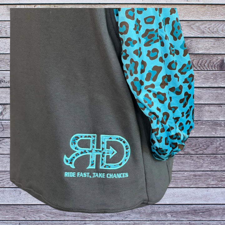 Bottom right side picture of Rocket Donkey Dark Grey with Teal Cheetah Hoodie