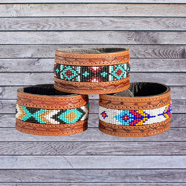 Tooled Leather Beaded Cuff Bracelet