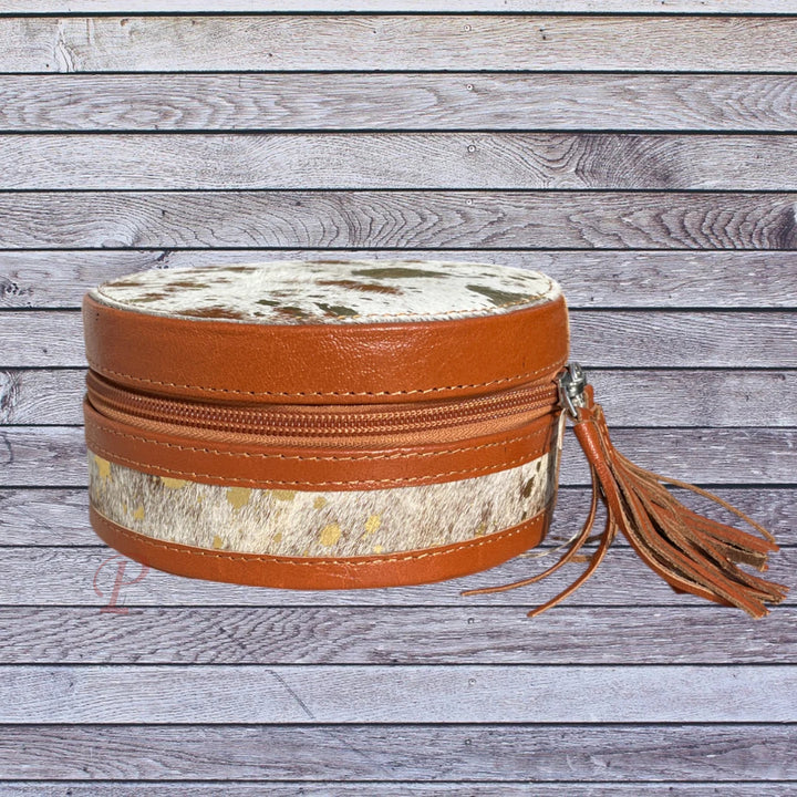 side view round brown cowhide jewelry box