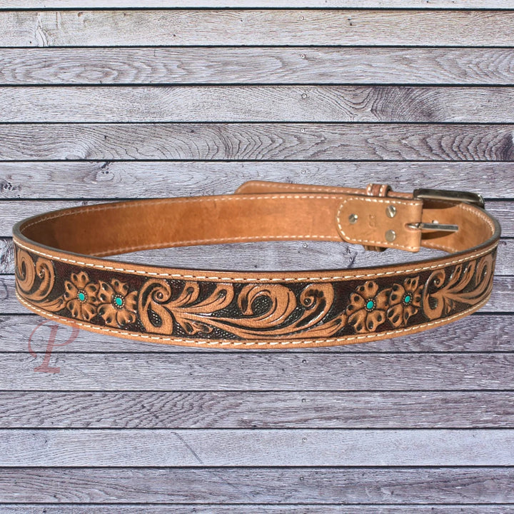 back view tan tooled belt