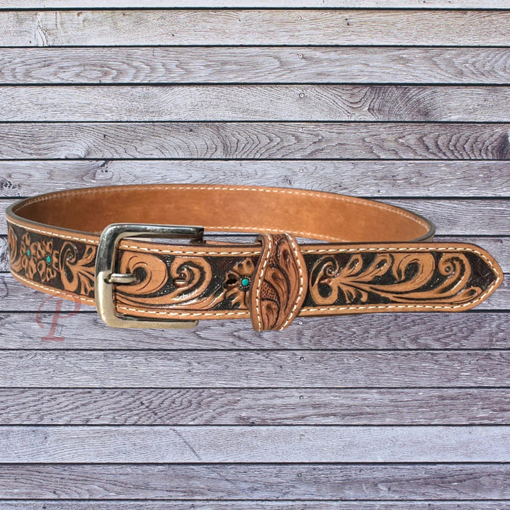 front tan tooled belt