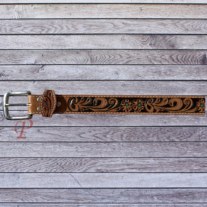 flat view tan tooled belt