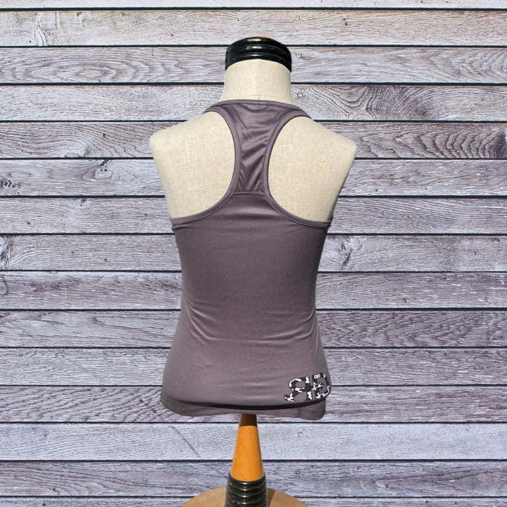 Back side picture of Rocket Donkey Gray with Cow Compression Tank Top