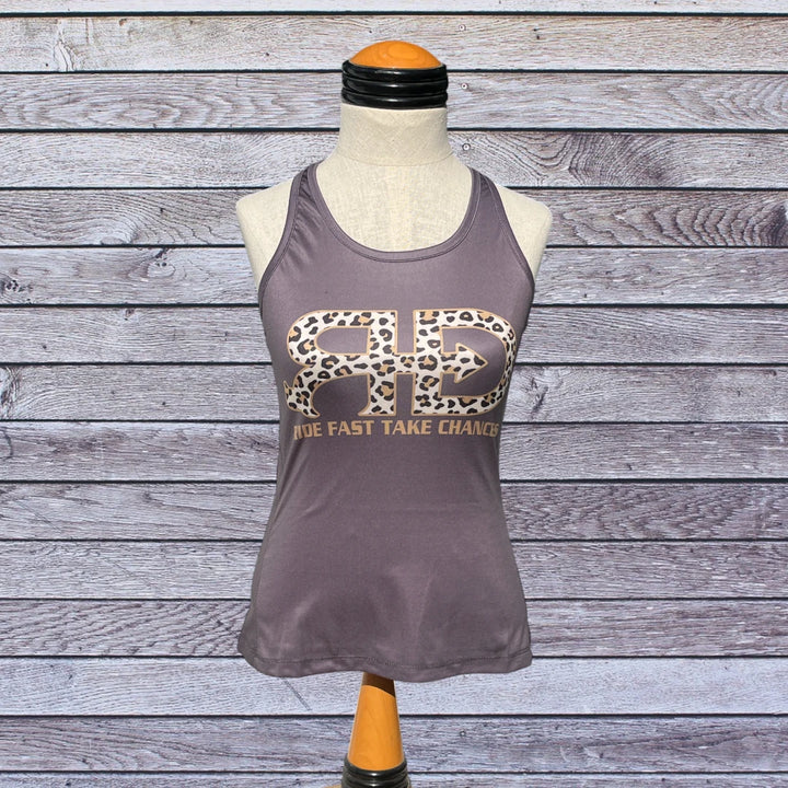 Front side picture of Rocket Donkey Gray with Cheetah Compression Tank Top